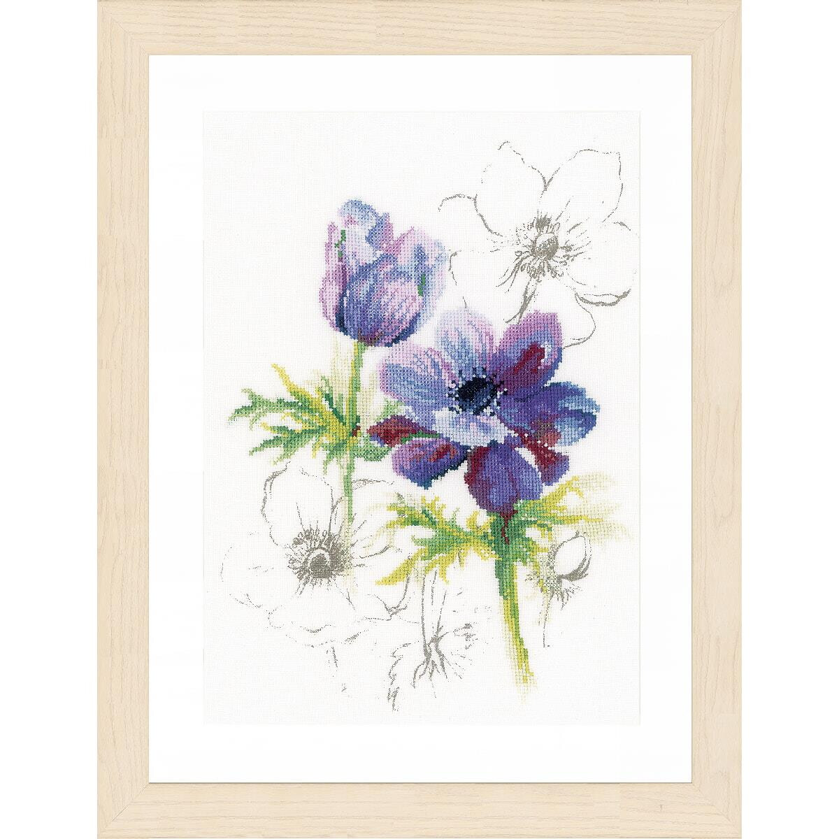 Framed artwork with purple and white anemone flowers. The...