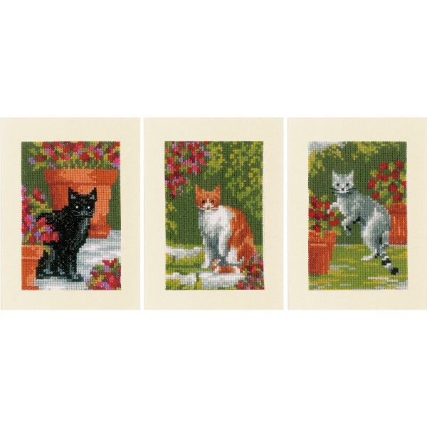 Vervaco Grußkarten Kreuzstich Set "Katzen zwischen Blumen" 3er Set Zählmuster, 10,5x15cm