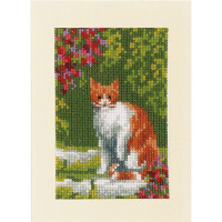 Vervaco Grußkarten Kreuzstich Set "Katzen zwischen Blumen" 3er Set Zählmuster, 10,5x15cm