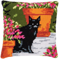 Vervaco stamped cross stitch kit cushion "Katze zwischen Blumen I", 40x40cm, DIY