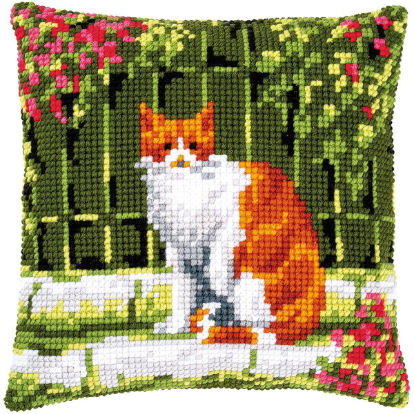Vervaco stamped cross stitch kit cushion "Katze zwischen Blumen II", 40x40cm, DIY