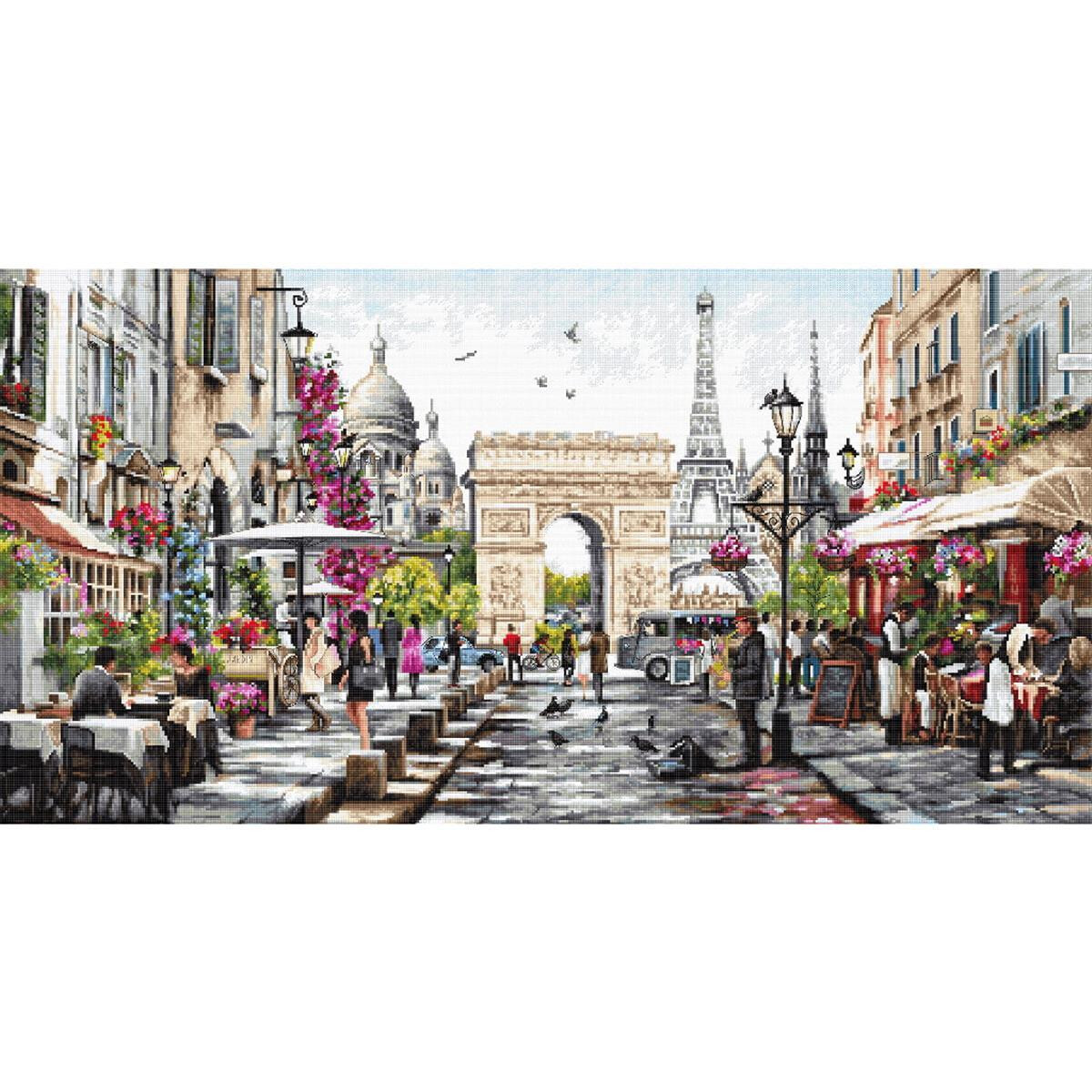 A lively Parisian street scene with the Arc de Triomphe...