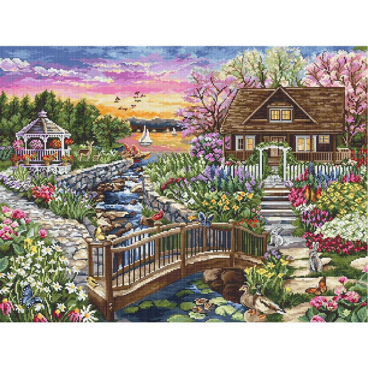 A lively, detailed garden scene with a wooden bridge over...