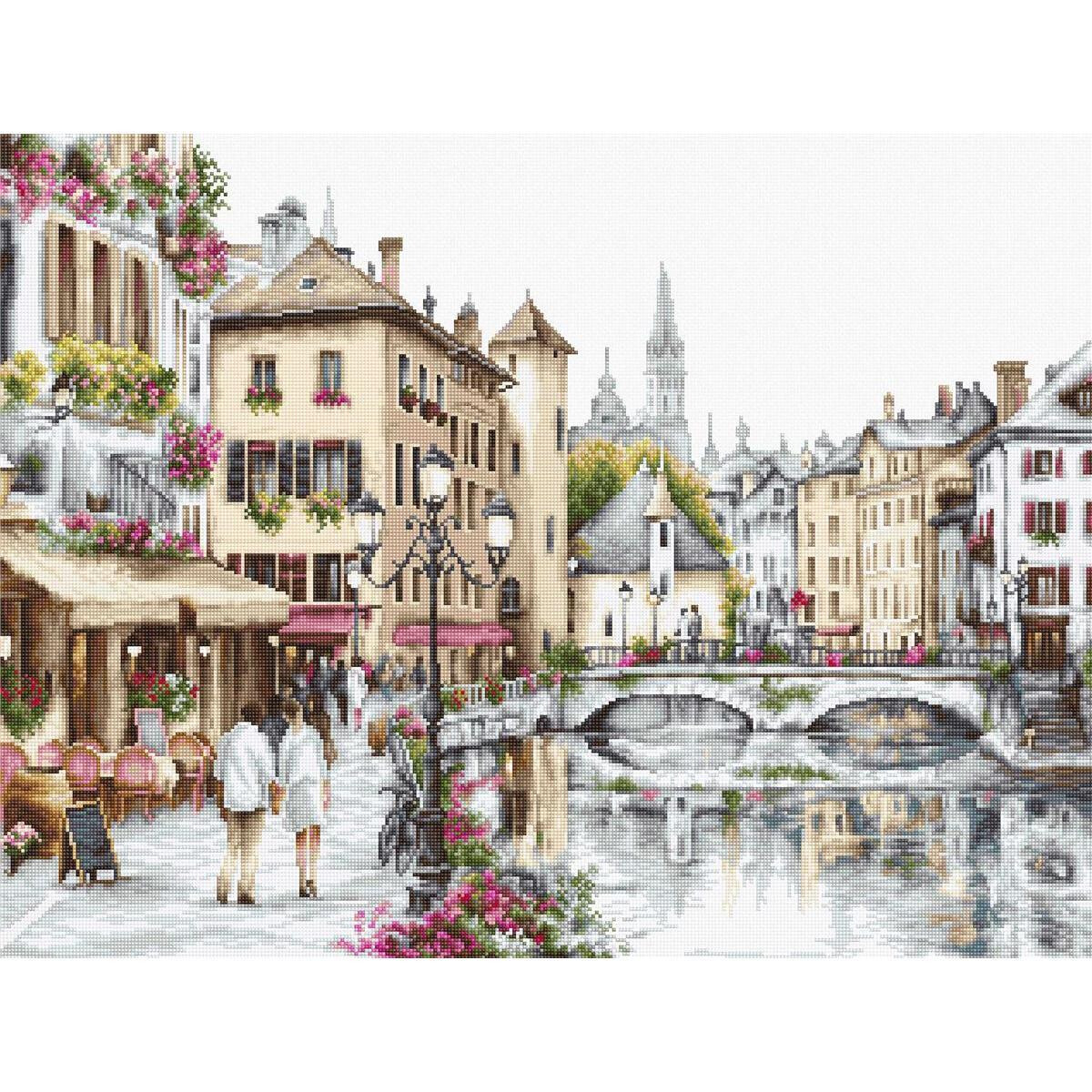 A picturesque European street scene shows a picturesque...