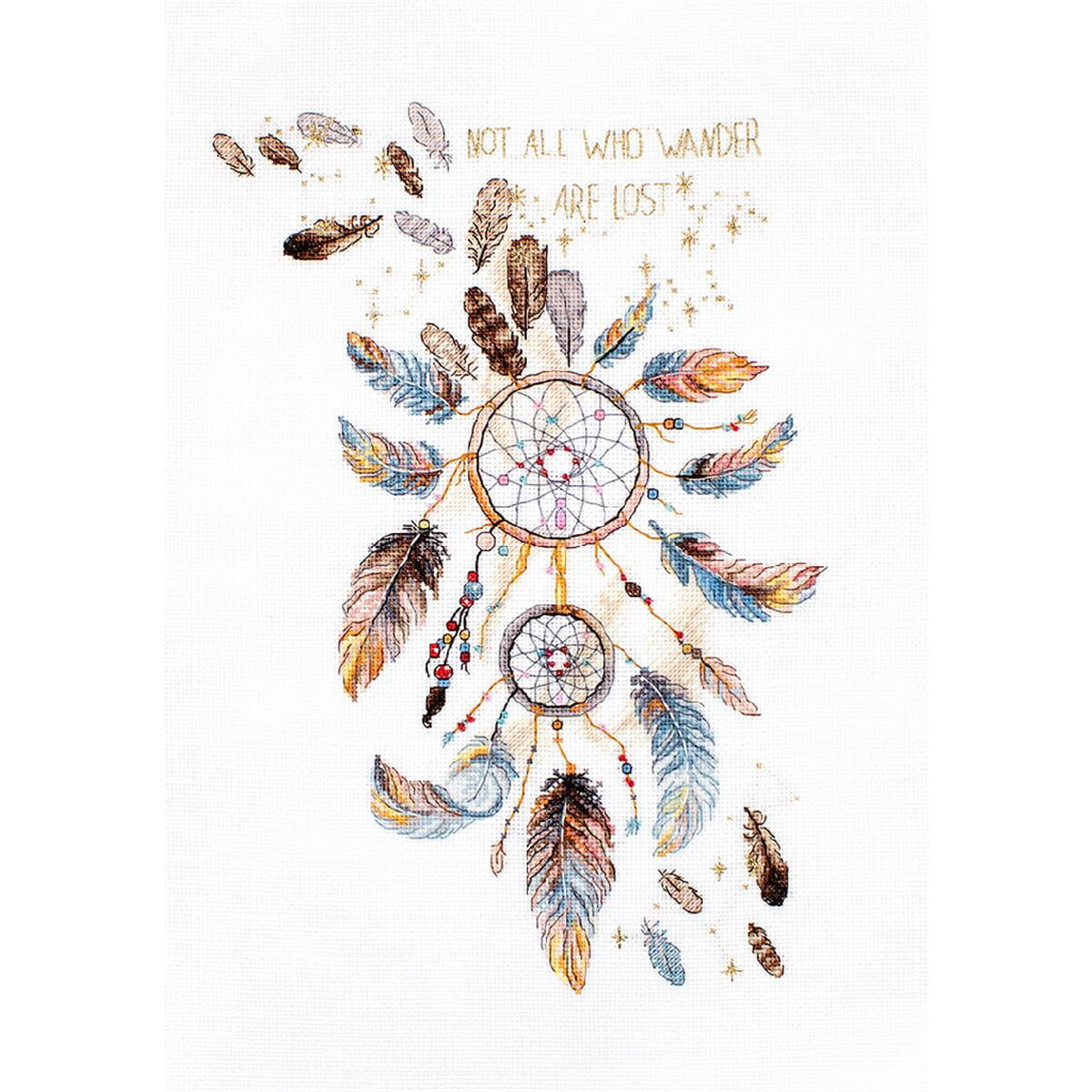Embroidery made from dreamcatchers and feathers with the...