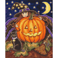 A whimsical Halloween scene shows a young witch with flowing hair and a hat with a star pattern peering over a large, carved pumpkin lantern. A black cat with a purple collar sits next to her and a broom lies on the floor. This magical moment is perfect for making a Letistitch embroidery pack under the crescent moon and starry night sky.