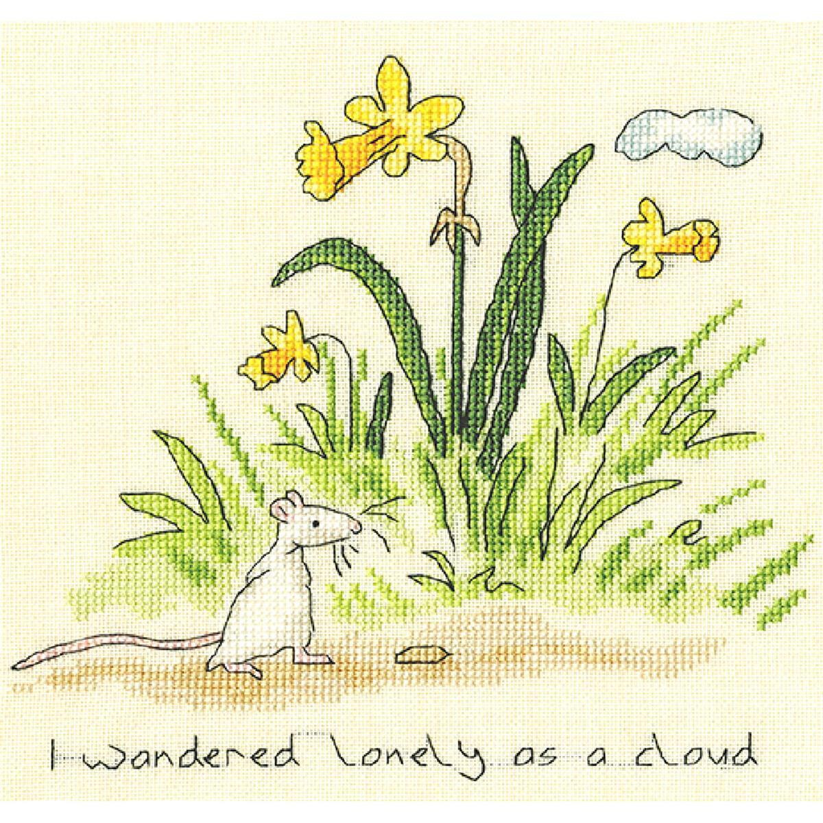 An embroidered picture scene shows a white mouse standing...