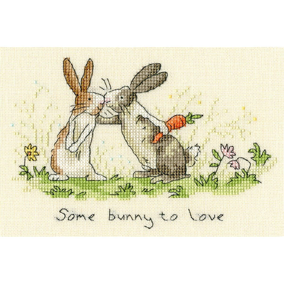 Two drawn bunnies are kissing while standing on a piece...