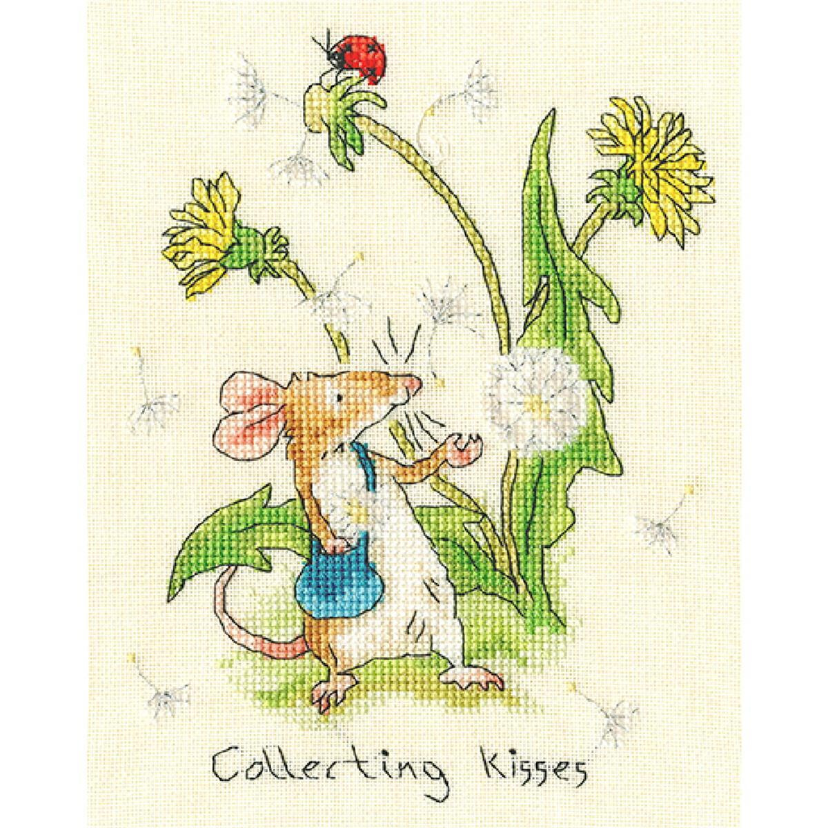 A cross stitch illustration of a mouse holding a small...