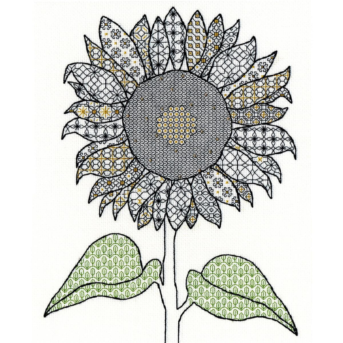 Illustrated sunflower with intricately patterned petals,...