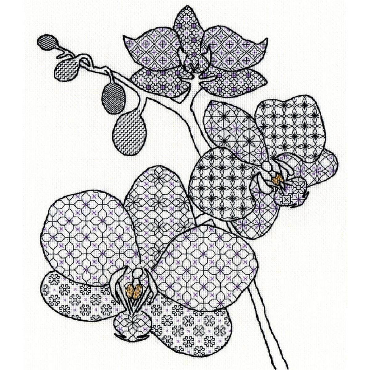 На вышивке изображена ветка орхидеи с тремя цветками....