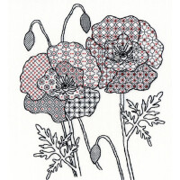 Zwart-wit lijntekening van twee bloeiende bloemen en twee knoppen gevuld met ingewikkelde rode geometrische patronen. De bloemen hebben ronde bloemblaadjes, een prominent hart en gedetailleerde stelen en bladeren. Dit borduurpakket van Bothy Threads is afgebeeld tegen een effen witte achtergrond.