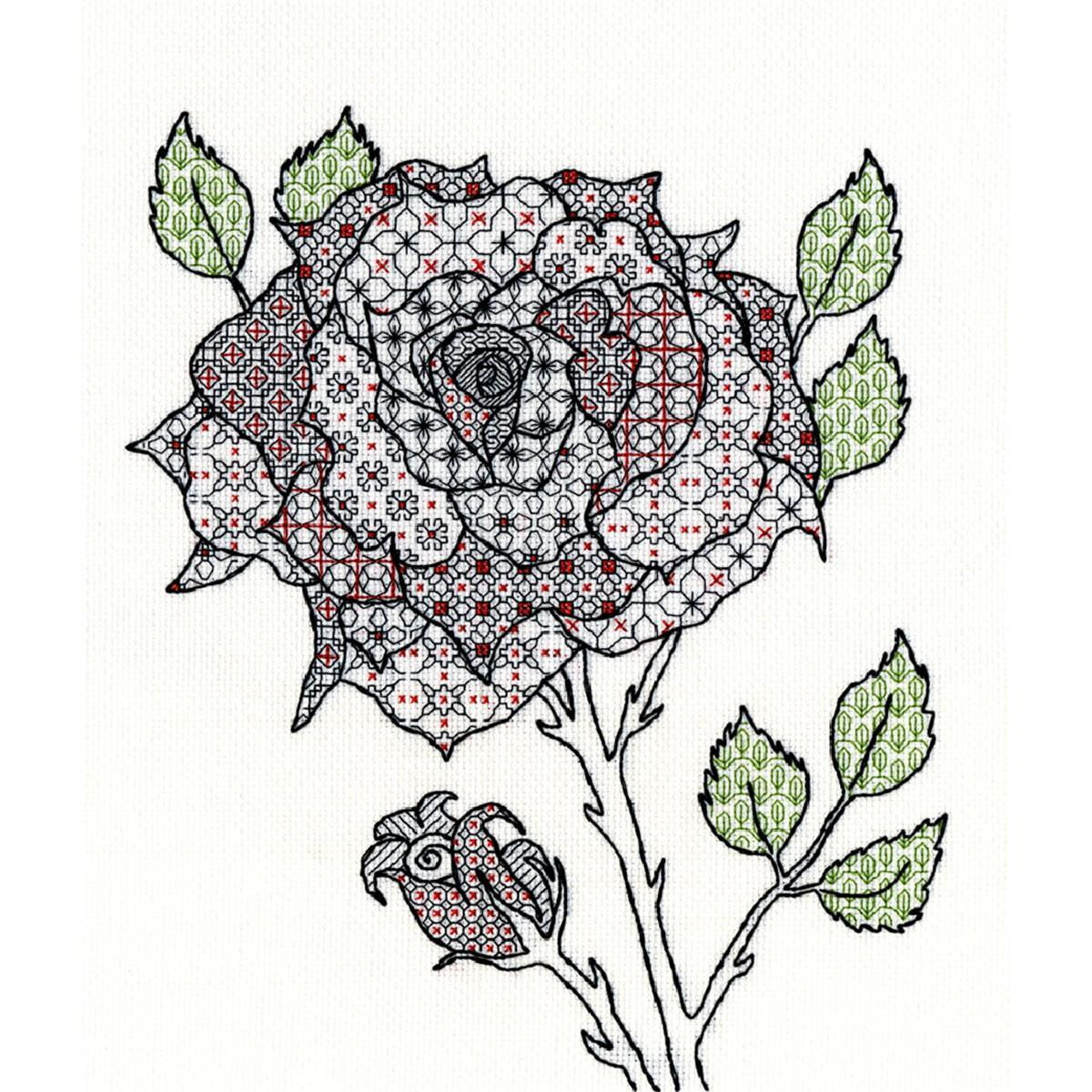 Een gedetailleerd borduurpakket van een bloeiende roos...