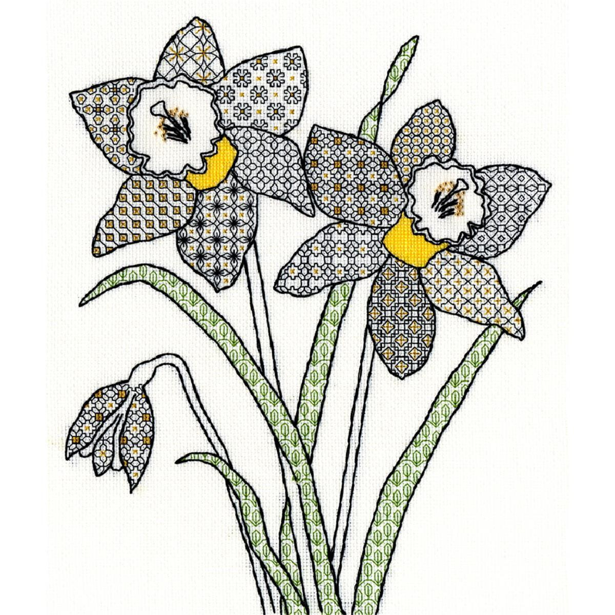 An embroidery of two daffodils with yellow, white and...