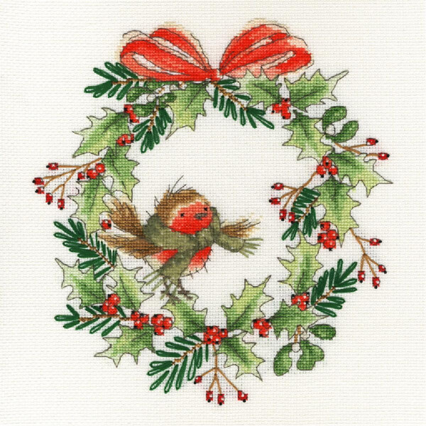 Set punto croce Bothy Threads "Red Robin Wreath", 26x26cm, xx14, schema da contare