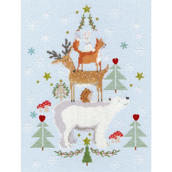 An adorable embroidery pack from Bothy Threads features a polar bear, a deer, a fox and a rabbit stacked vertically. Snowflakes, trees with red hearts, mushrooms and stars adorn the light blue background. A garland of dangling stars and hearts hangs above, adding a festive touch to this delightful embroidery pack.
