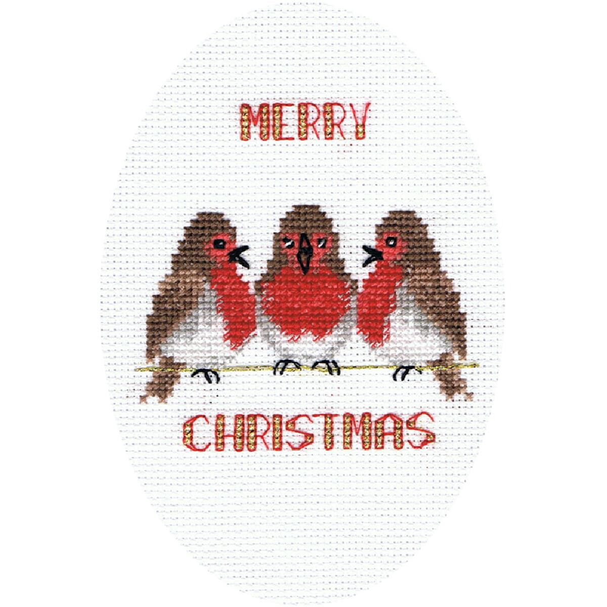 An oval Bothy Threads embroidery pack shows three robins...