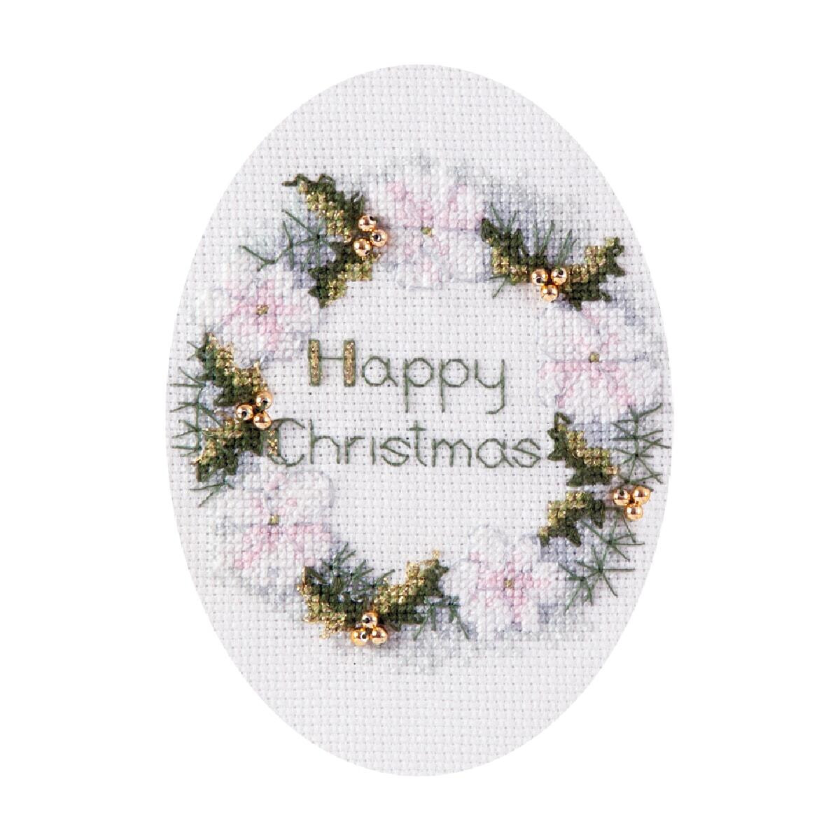 An oval-shaped piece of embroidery shows a festive wreath...