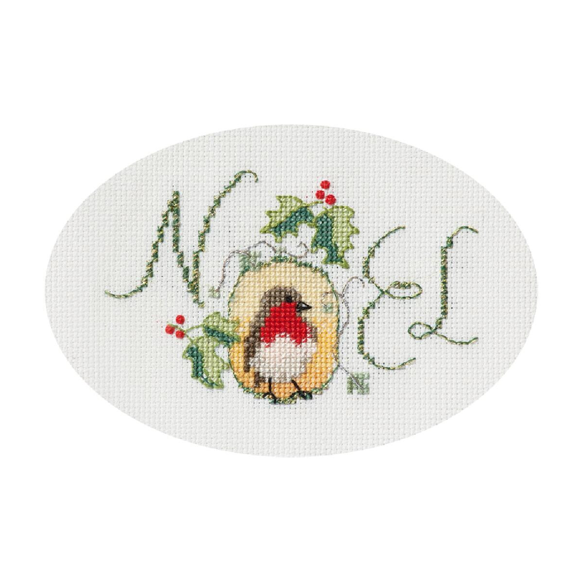 Cross-stitch pattern with the word NOEL in green cursive...