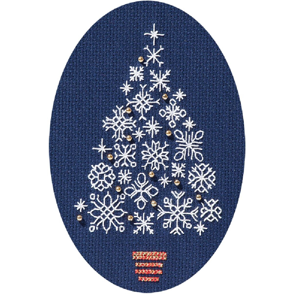 An embroidered Christmas tree design features white...