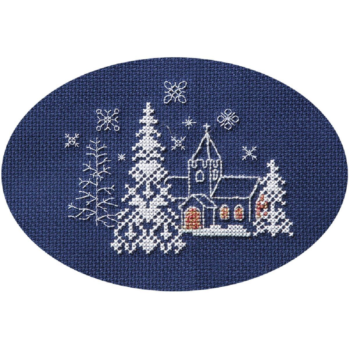 A detailed cross stitch scene on navy blue fabric depicts...