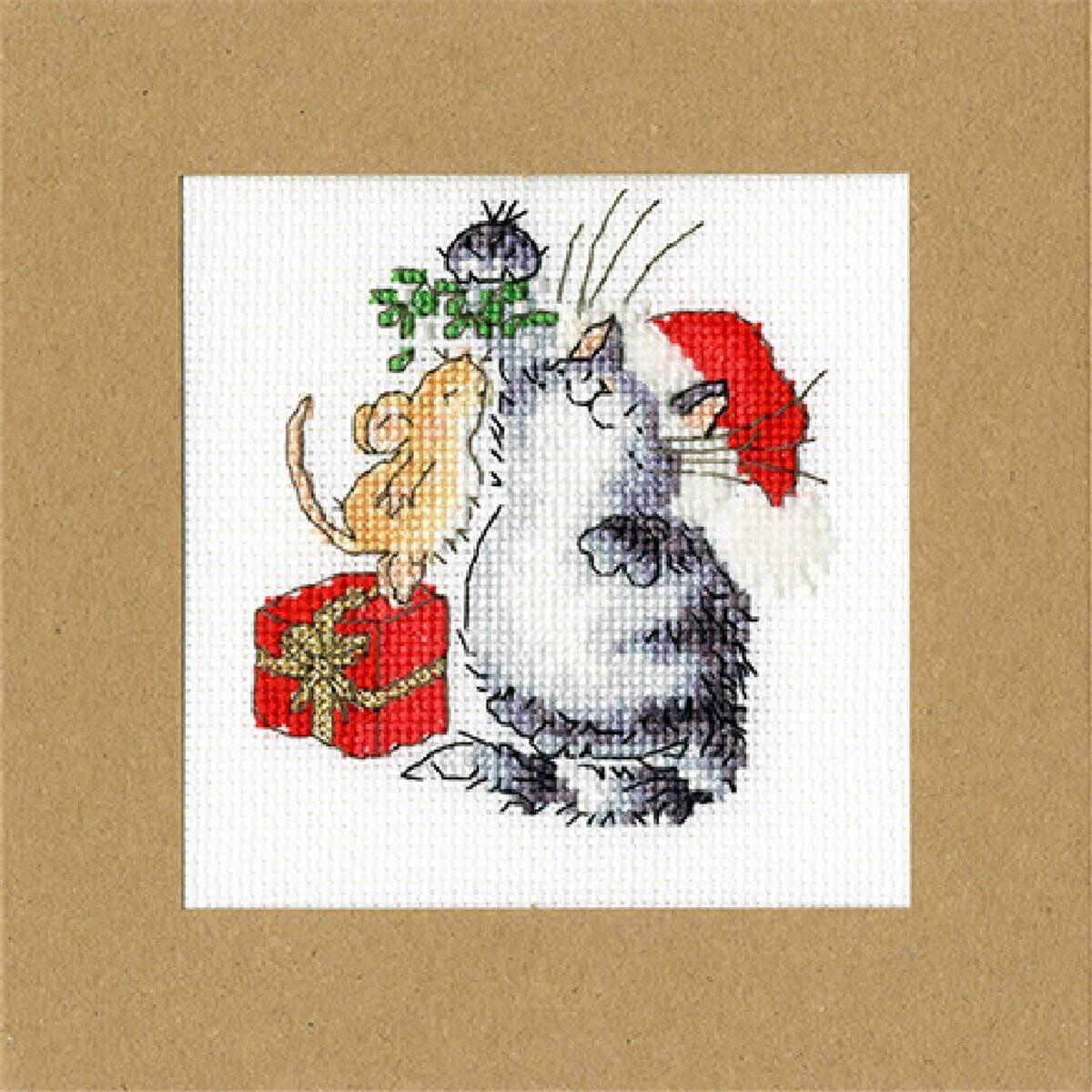 A cross stitch illustration of a fluffy gray cat wearing...
