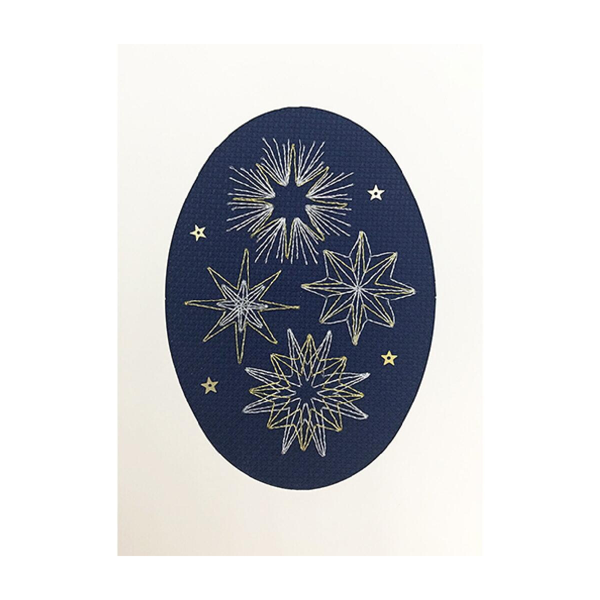 A dark blue oval frame features four intricate star...