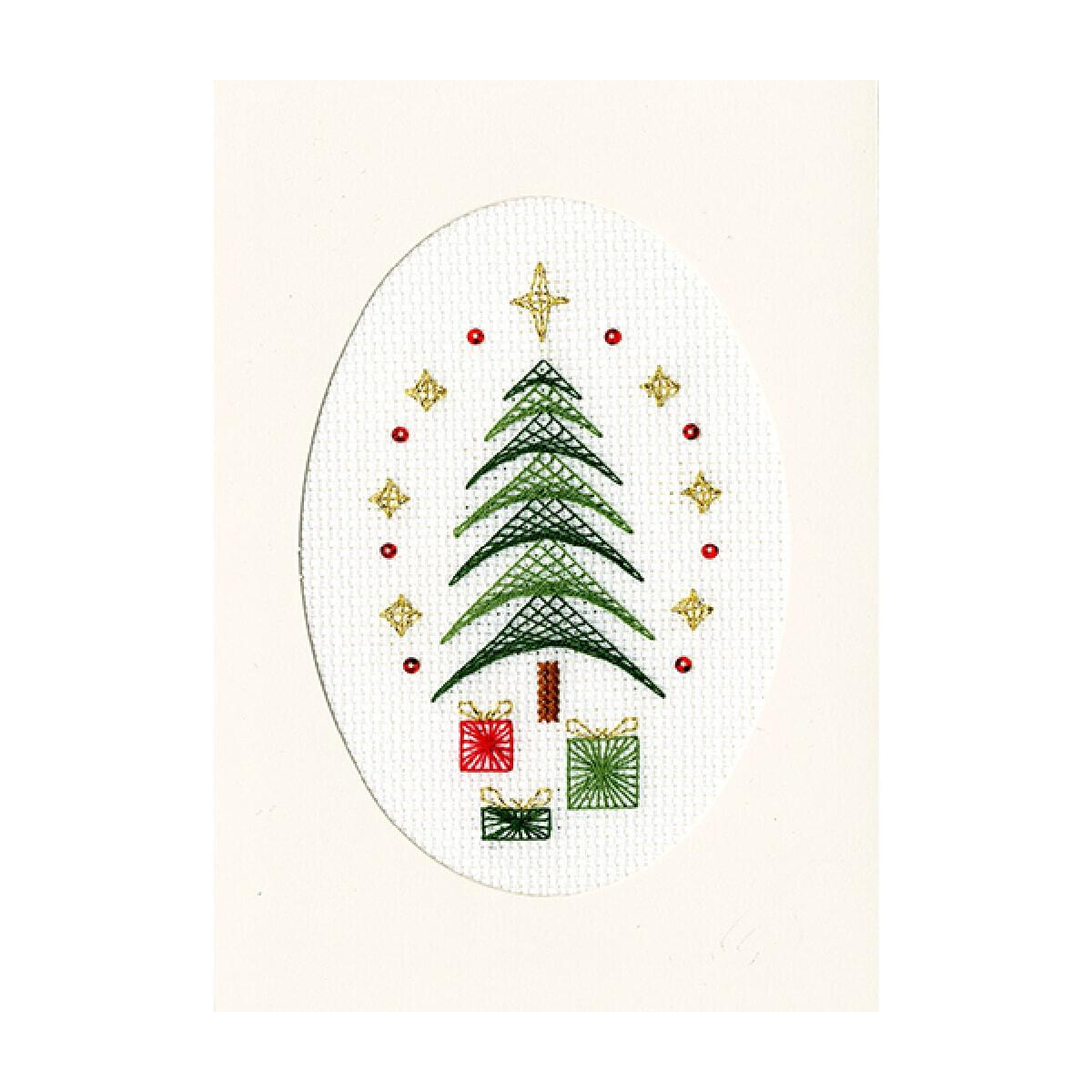 An embroidered Christmas card with a green Christmas tree...