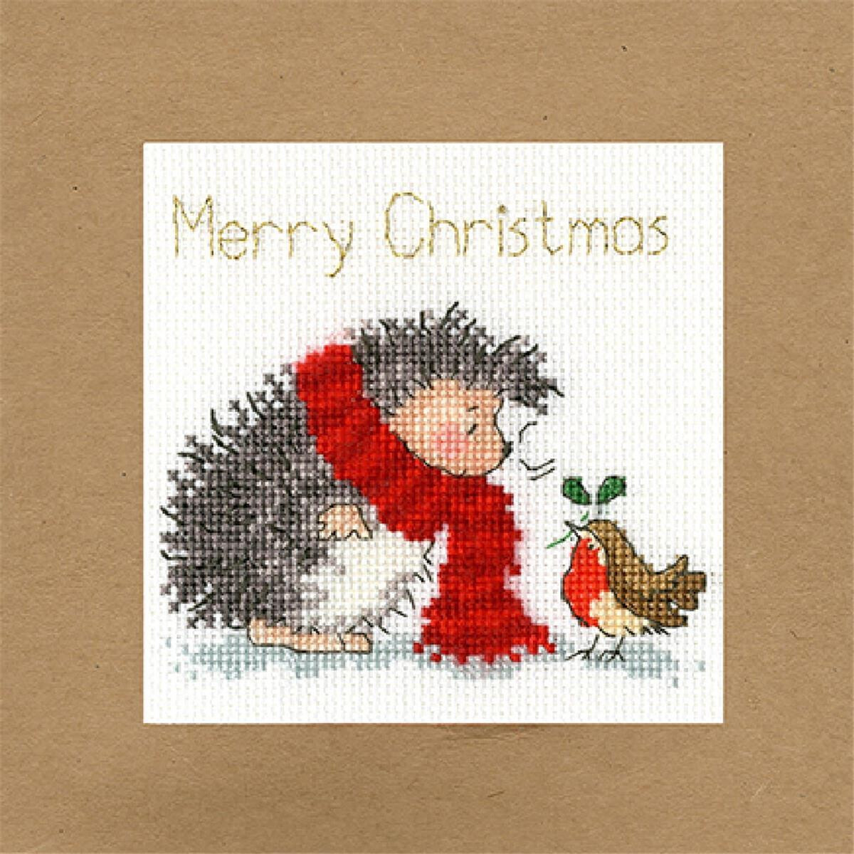 A festive illustration on a brown card shows a hedgehog...