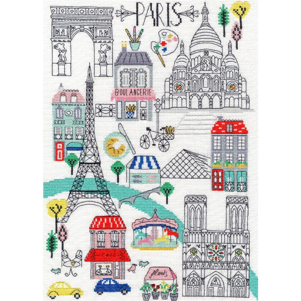 A whimsical illustration of the landmarks of Paris shows...