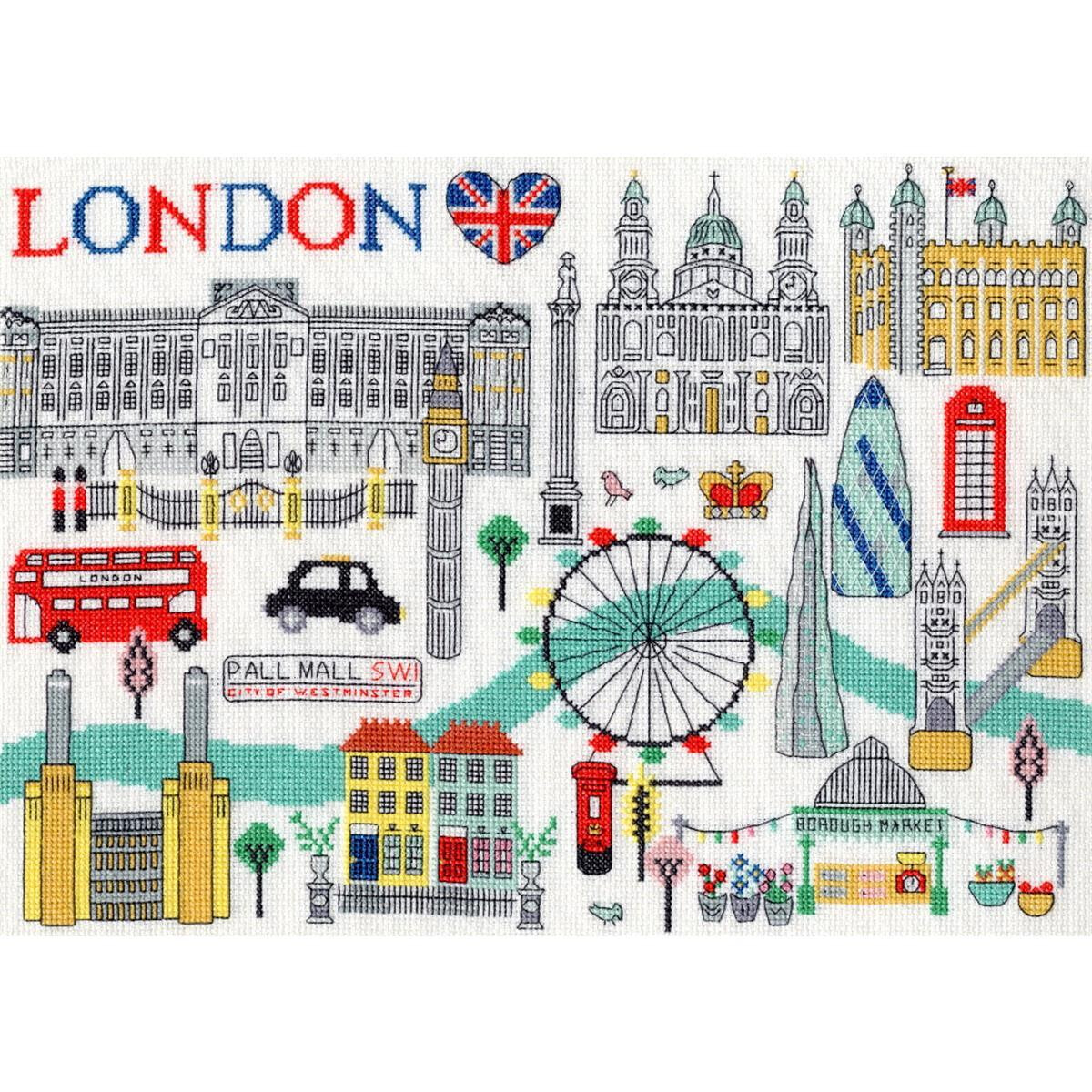 Playful illustration of London landmarks such as...