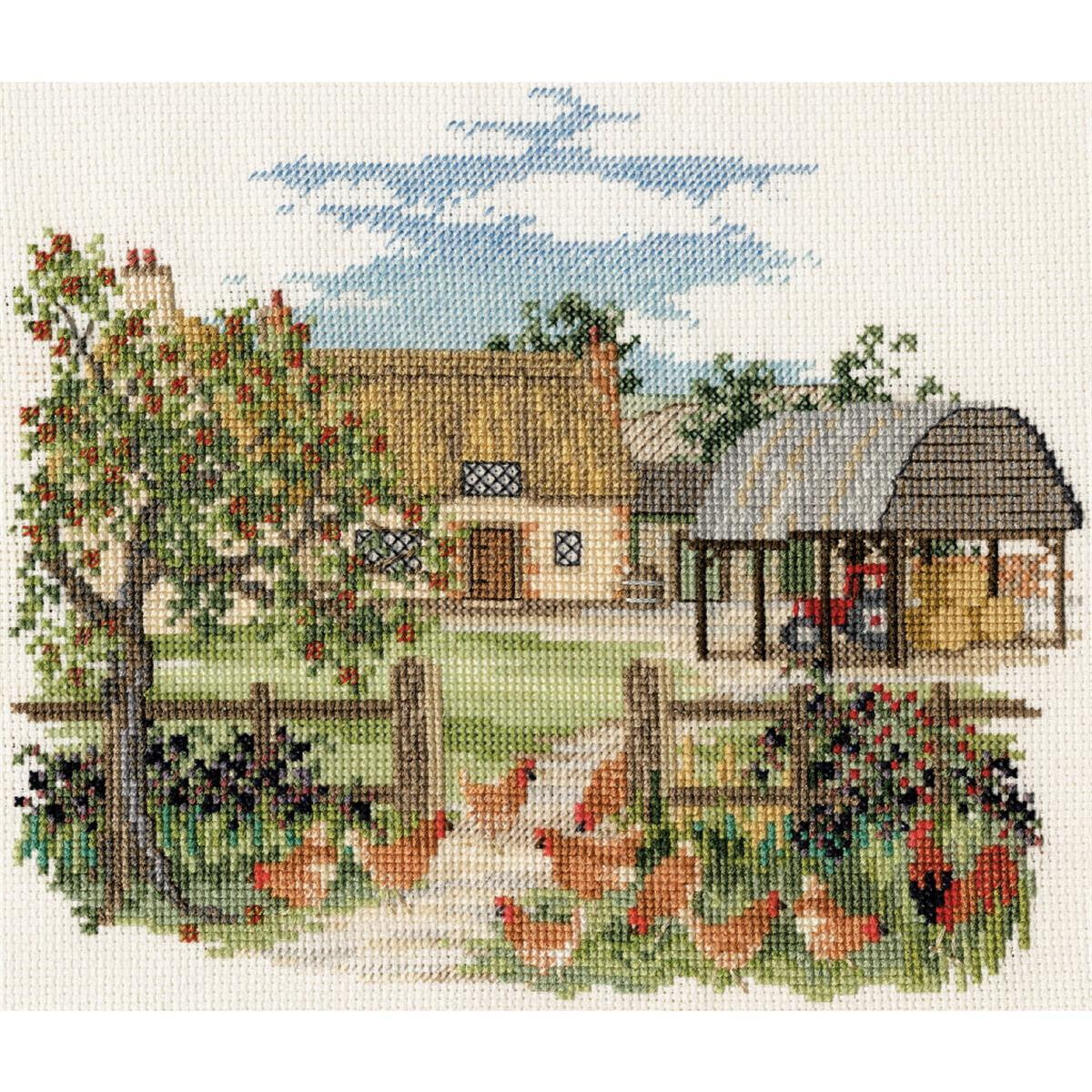 A cross stitch image of a picturesque rural scene with a...