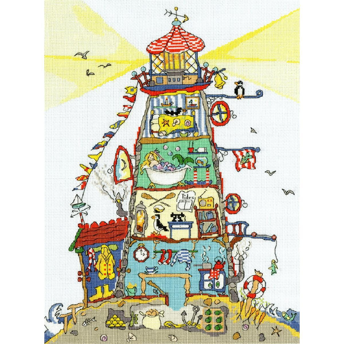 An embroidery artwork of a whimsical lighthouse shows...