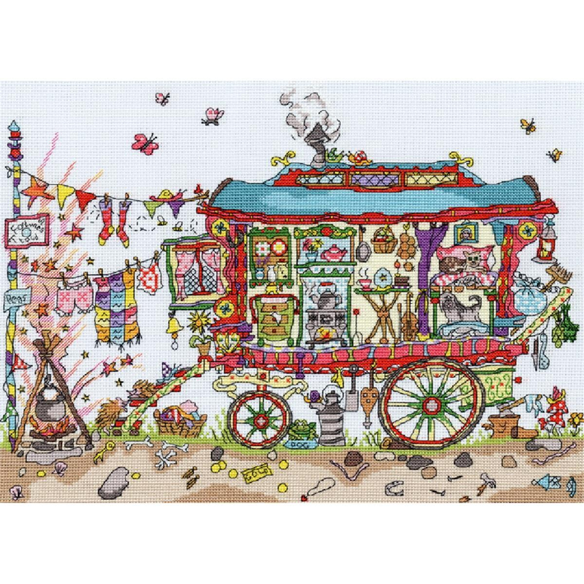 A colorful, whimsical embroidery depicting a gypsy wagon...