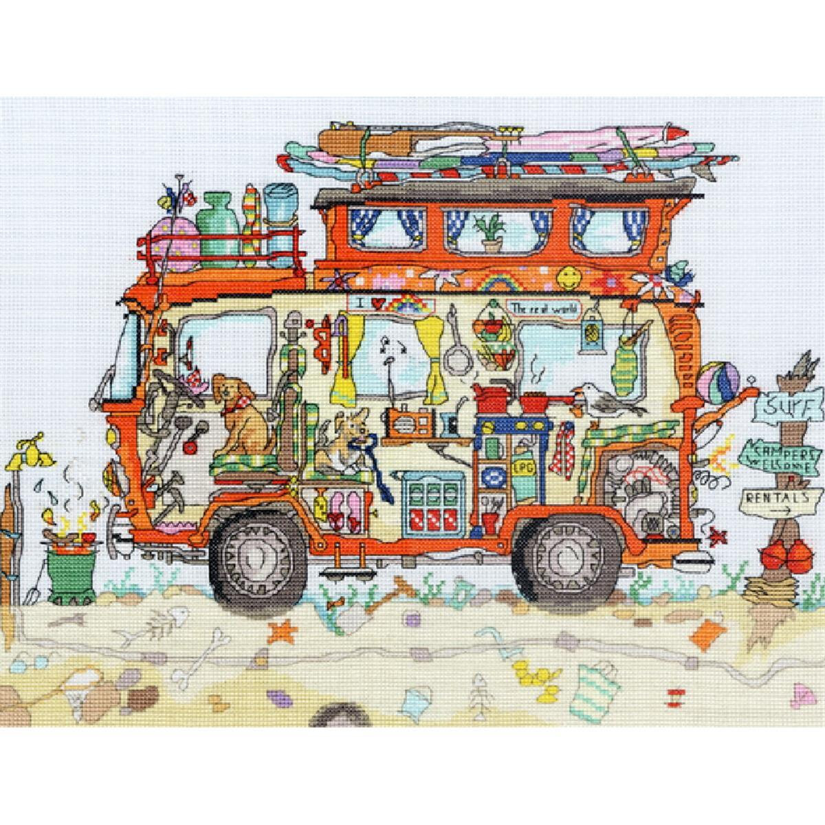 Colorful, whimsical embroidered picture of a packed...