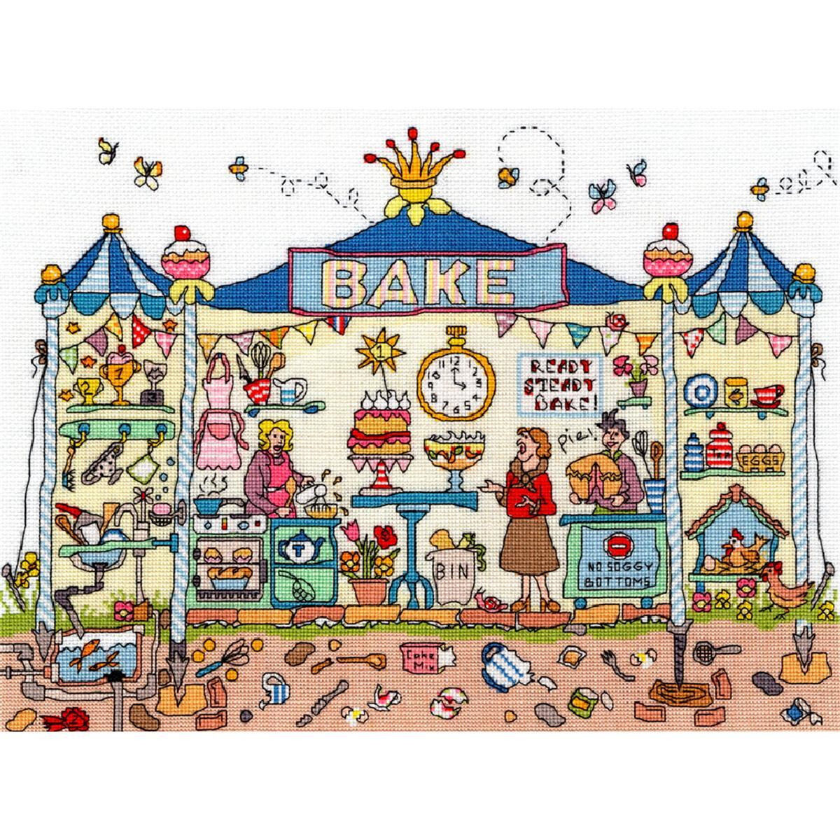 Illustration of a colorful bake sale stand at a fair with...