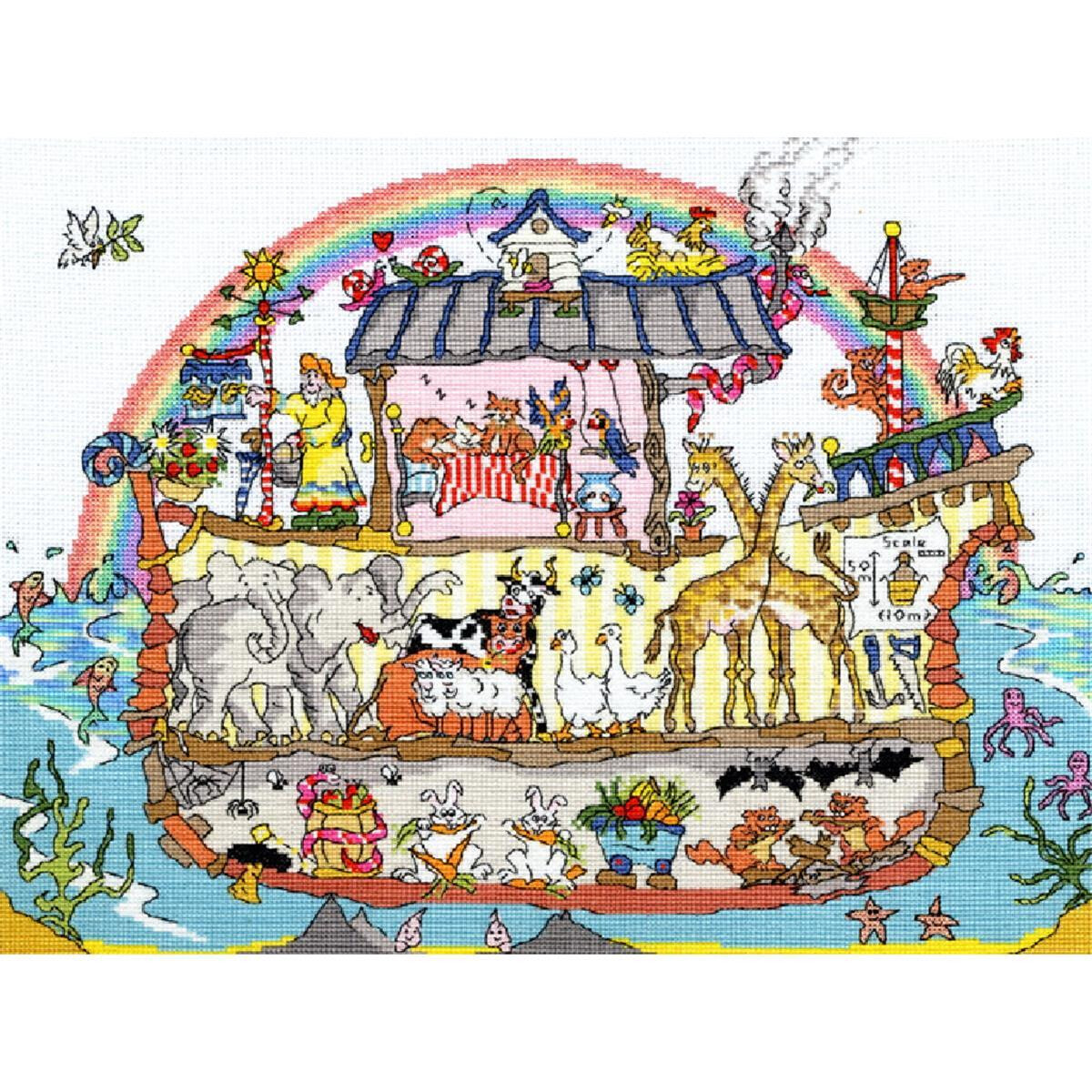 Eine farbenfrohe Illustration der Arche Noah mit...