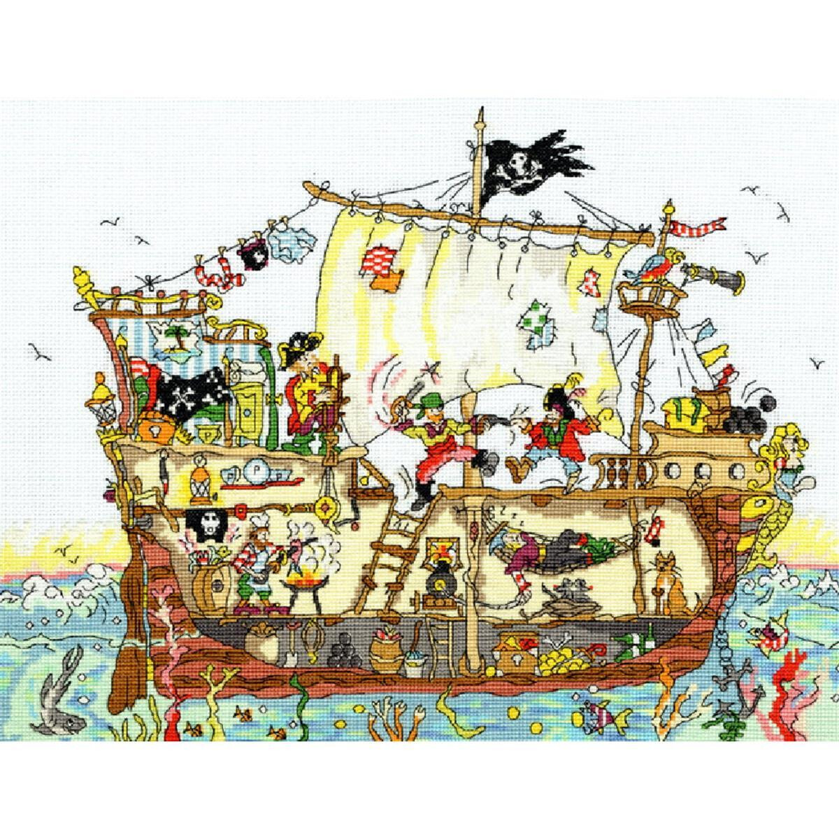 Illustrated pirate ship at sea with various playful,...