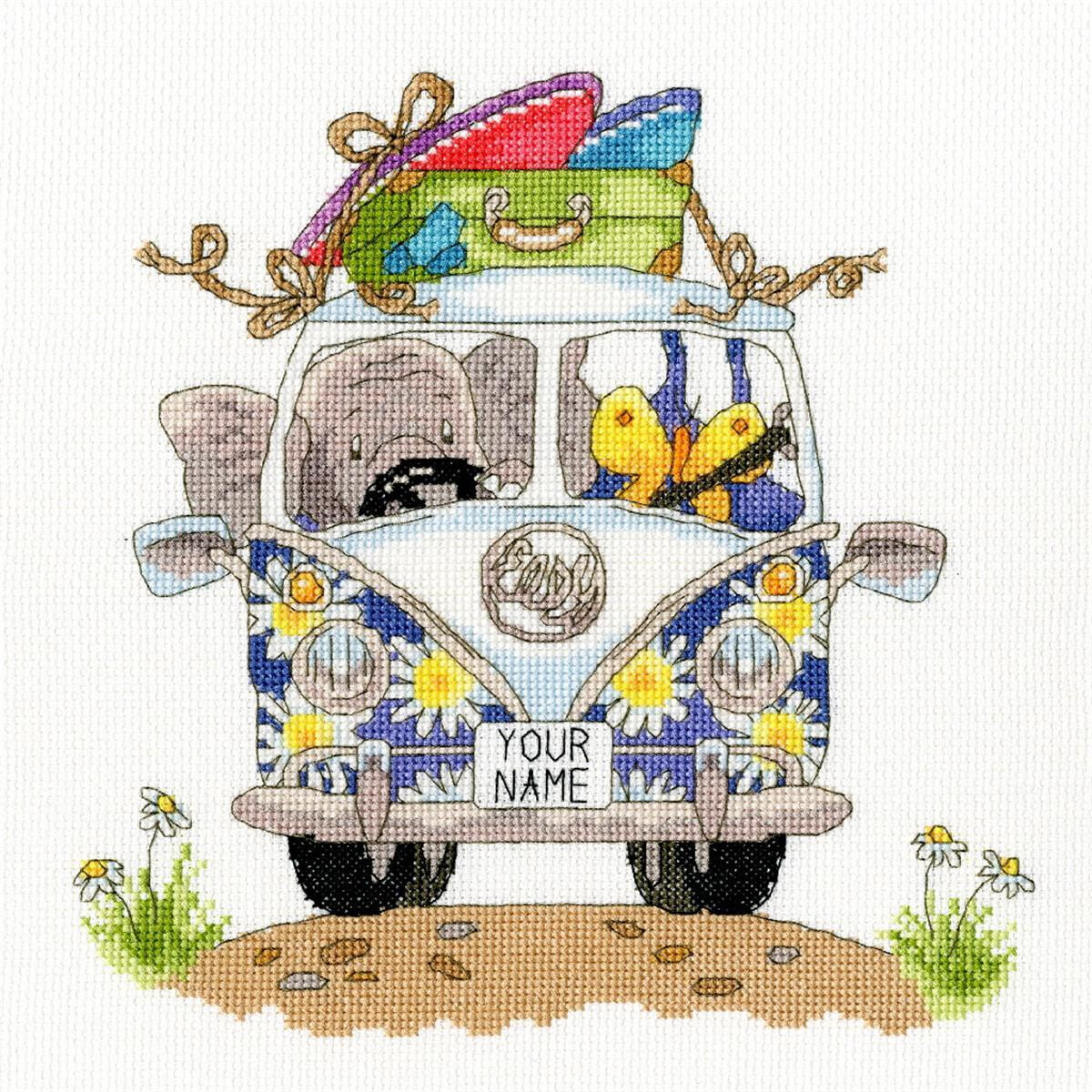 A colorful cross stitch embroidery design of a vintage...