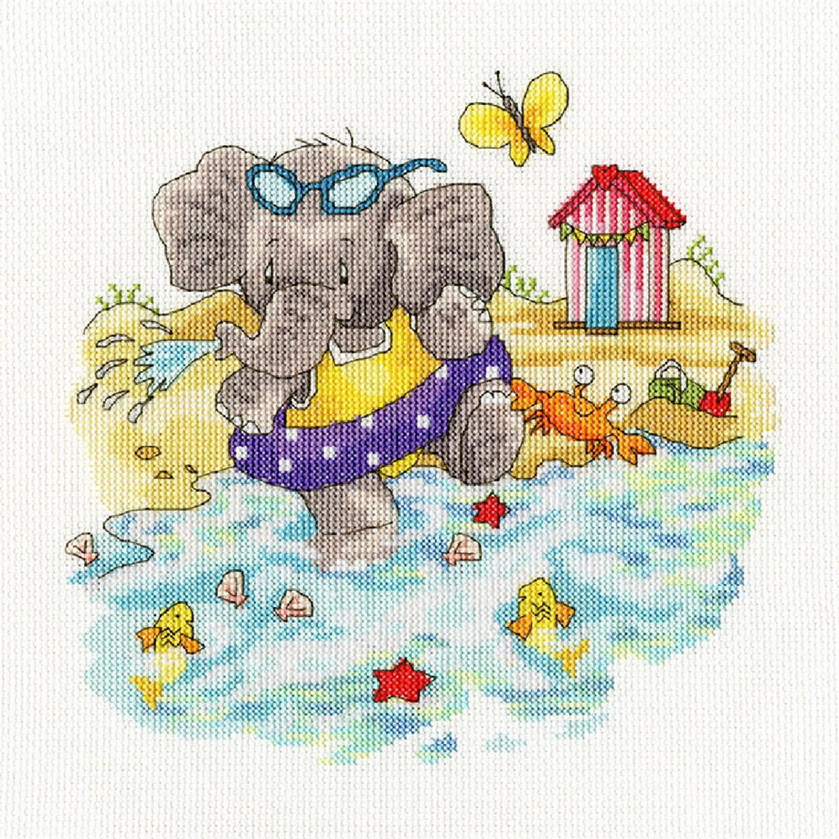 An illustrated elephant in a yellow swimsuit and blue...