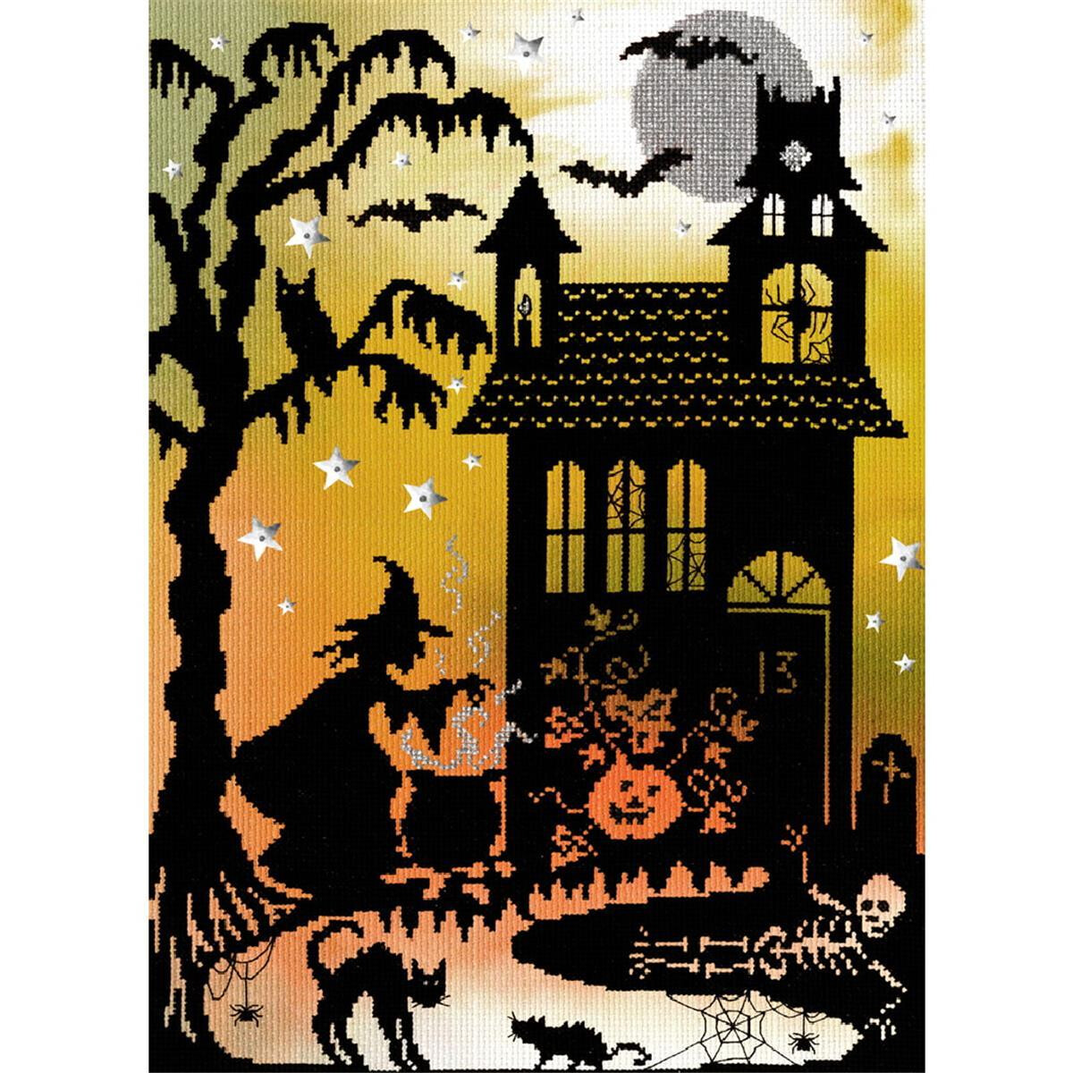 A spooky Halloween tapestry, made in cross-stitch, shows...