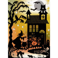 Ein gruseliger Halloween-Wandteppich, im Kreuzstich gefertigt, zeigt die Silhouette einer Hexe, die in einem Kessel rührt, neben einem hohen gotischen Haus mit der Nummer 13 auf der Tür. Ein Skelett liegt auf dem Boden und Fledermäuse fliegen um einen Vollmond im Hintergrund. Eine schwarze Katze krümmt ihren Rücken neben einem Baum mit kahlen Ästen. Am Himmel sind Sterne verstreut. Diese Szene ist in der Stickpackung von Bothy Threads zu sehen.