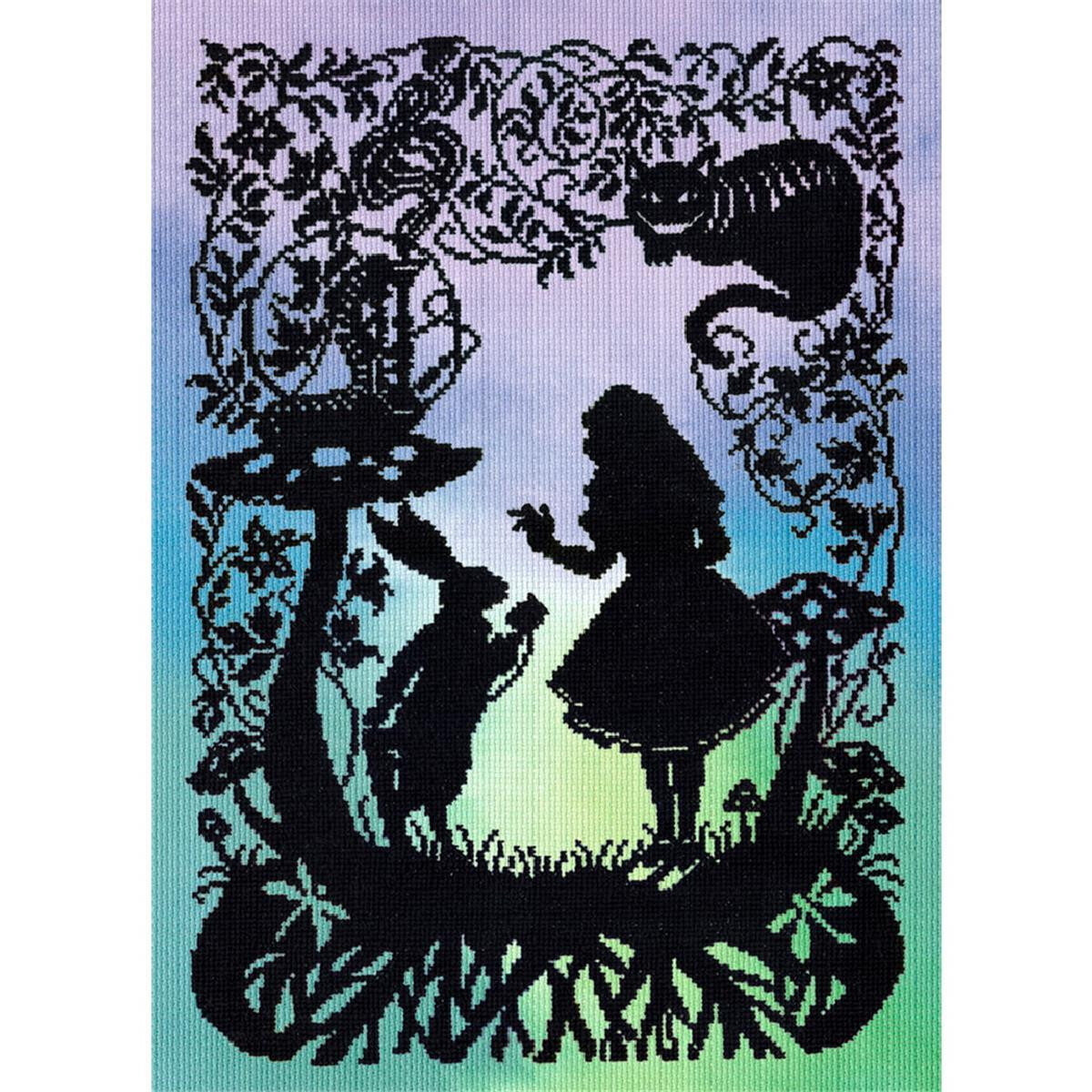 Eine Silhouette der Figuren aus Alice im Wunderland vor...
