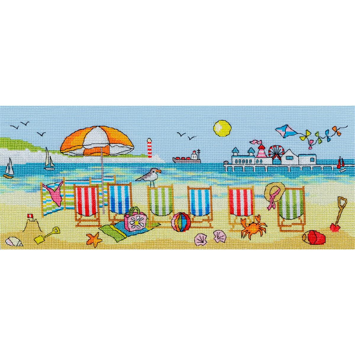 A lively coastal scene with colorful deck chairs lined up...