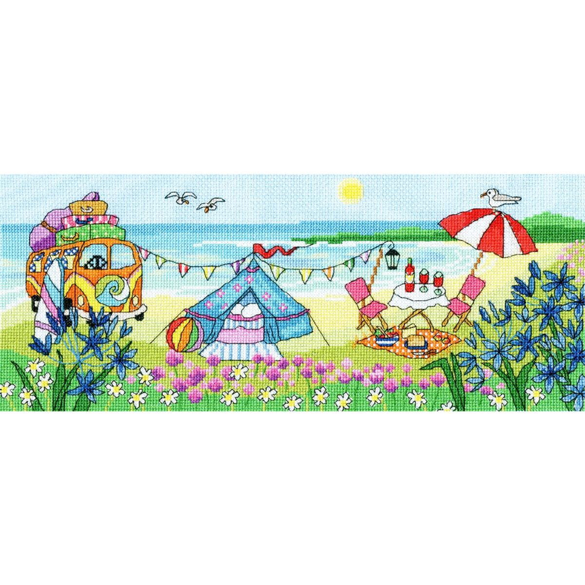 Farbenfrohe Illustration einer Strandszene mit einem...