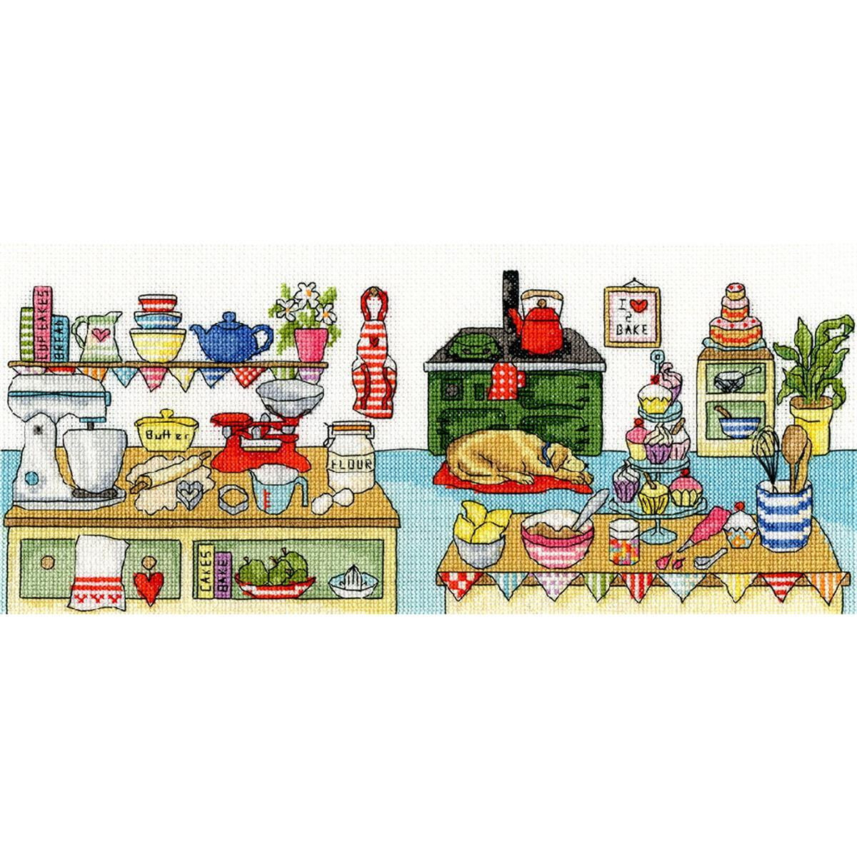 A colorful cross stitch picture of a vintage kitchen...