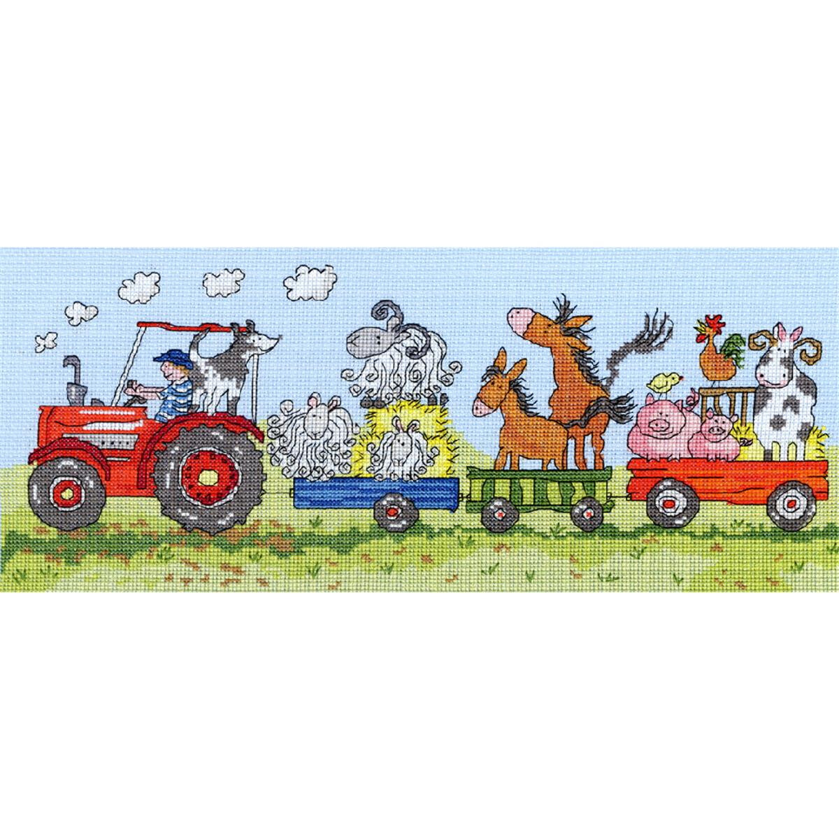 A red tractor driven by a farmer pulls three colorful...