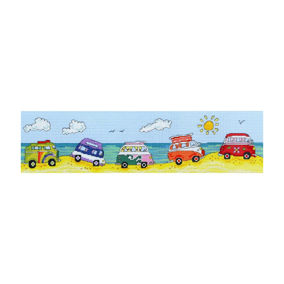 Illustration of a beach scene with six colorful vans...