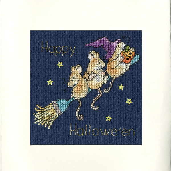 This delightful embroidery pack from Bothy Threads captures a Halloween scene on navy blue fabric. It features three mice in witches hats on a broom carrying a bag of sweets. Yellow stars twinkle around them, while Happy Halloween is artfully embroidered in gold lettering at the top and bottom.
