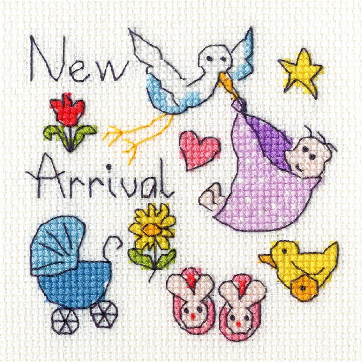 A cross stitch pattern to celebrate the birth of a baby,...